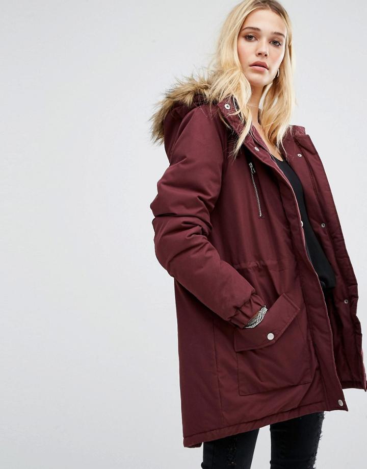 Noisy May Faux Fur Parka - Brown