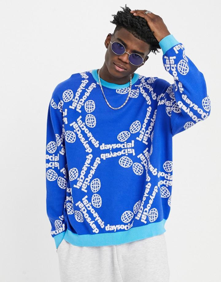 Asos Design Knitted Oversized Sweater With Day Social All Over Pattern In Blue-blues
