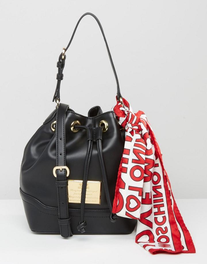 Love Moschino Bucket Bag With Logo Scarf - Black