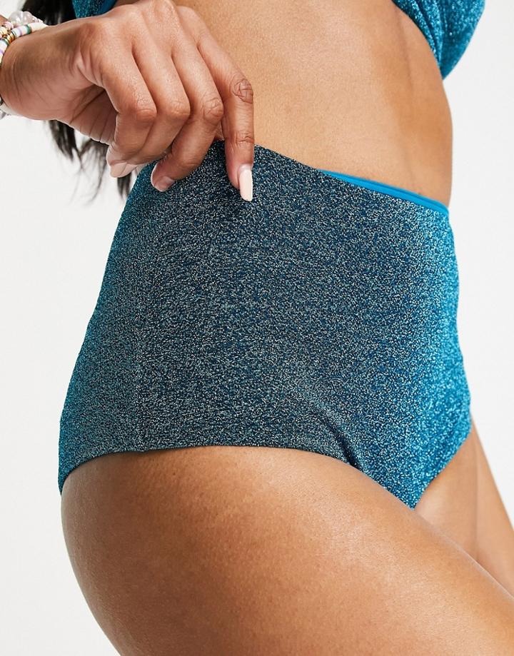 Asos Design Mix And Match High Waist Bikini Bottoms In Blue Glitter