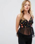 Pull & Bear Embroidered And Mesh Crop Top - Black
