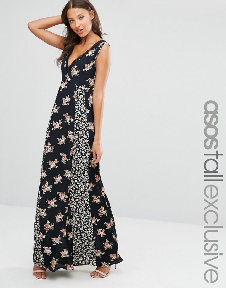 Asos Tall Maxi Dress In Ditsy Floral Mix With Lace Insert - Multi