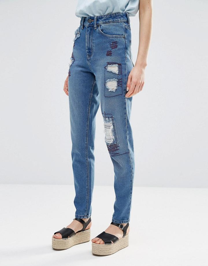 Waven Elsa Mom Jeans With Distressing And Patches - Blue