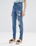 Waven Elsa Mom Jeans With Distressing And Patches - Blue