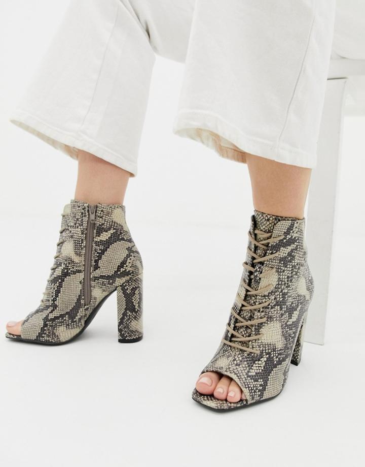 New Look Lace Up Block Heeled Sandal In Snake Pattern - Black