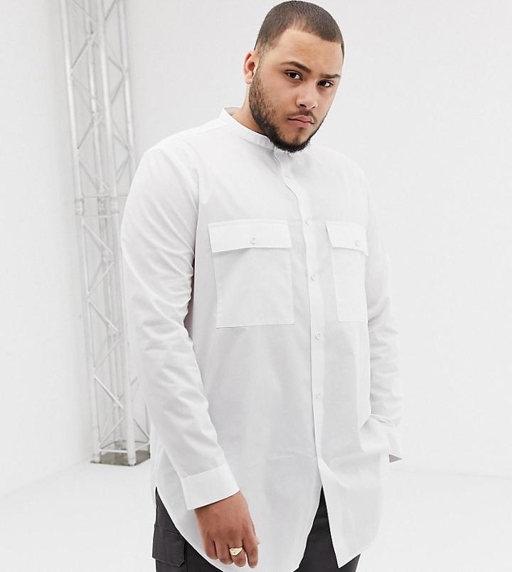 Asos Design Plus Super Long Line Shirt With Grandad Collar - White