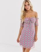 Glamorous Mini Tea Dress In Pastel Check Print-purple