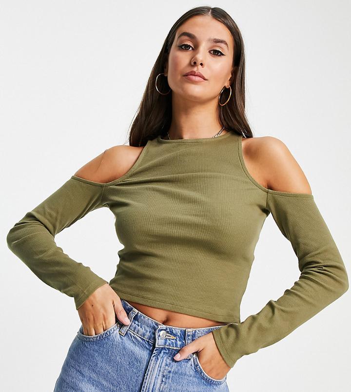Asos Design Tall Long Sleeve Top With Cold Shoulder In Khaki-green