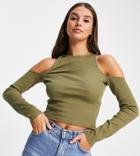Asos Design Tall Long Sleeve Top With Cold Shoulder In Khaki-green