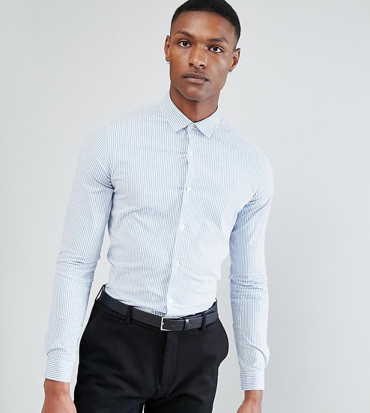 Asos Tall Smart Stretch Slim Stripe Shirt In Blue - Blue