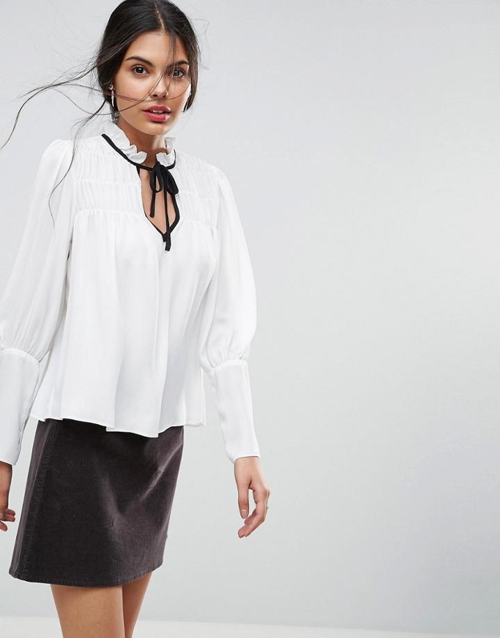 Asos Smock Blouse With Contrast Tie - White