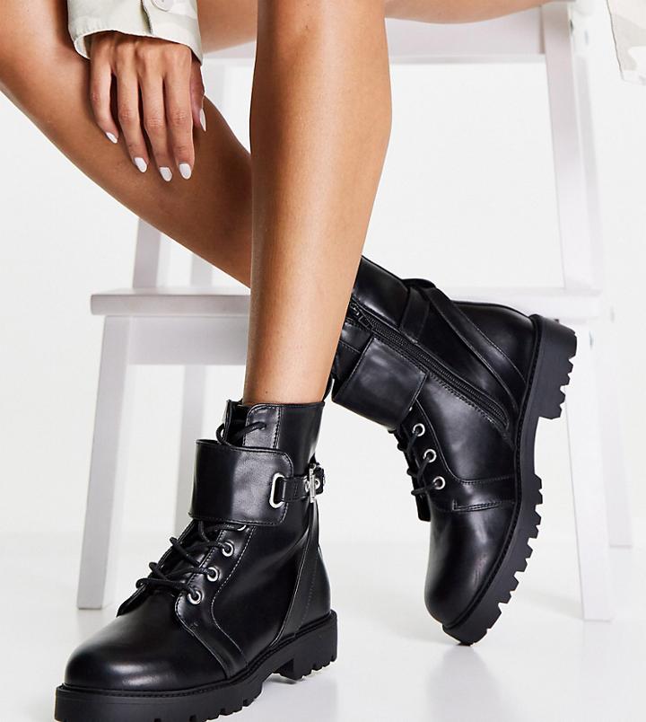 Asos Design Wide Fit Aria Lace Up Hardware Boots In Black