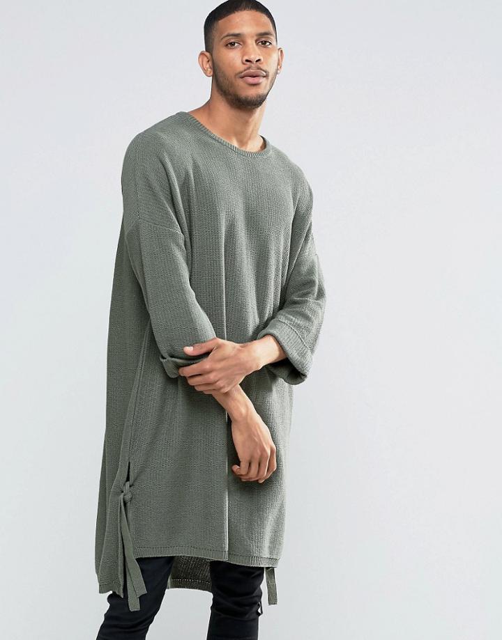 Asos Oversized Crew Sweater With Ties At Hem - Green