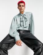 Asos Design 70s Satin Shirt With Pussybow Tie Neck And Blouson Sleeves-blues