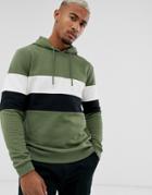 Asos Design Hoodie With Half Zip In Khaki Color Block