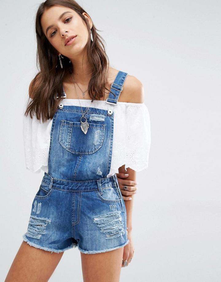 Missguided Distressed Denim Overall Short - Vintage