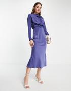 Asos Design Drape High Neck Satin Long Sleeve Midi Dress With Scrunchie Belt Detail-blue