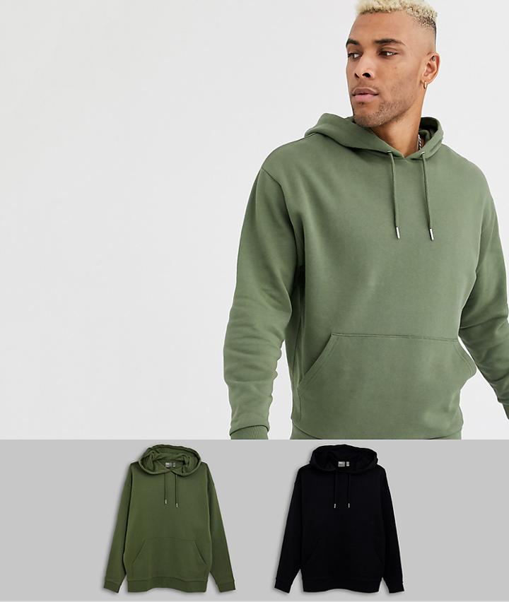 Asos Design Oversized Hoodie 2 Pack In Black/khaki-multi