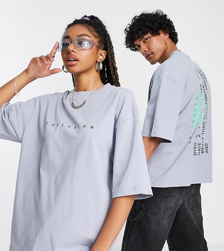 Collusion Unisex T-shirt With Text Print In Gray - Gray