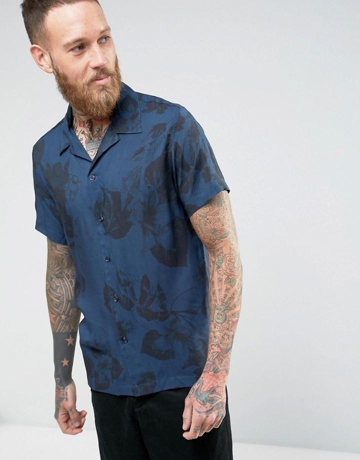 Selected Homme+ Short Sleeve Shirt With Floral Back Print - Navy