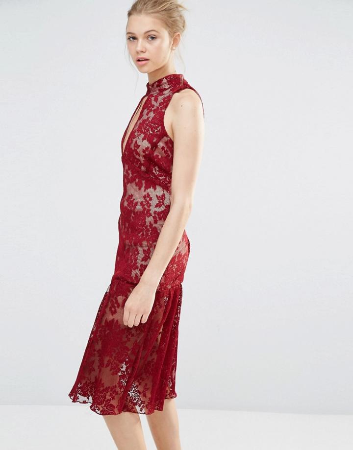Endless Rose Frill Hem Key Hole Lace Dress - Burgundy