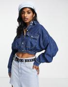 Topshop Cropped Shirt In Mid Blue