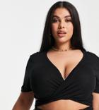 Asos Design Curve Wrap Top With Short Sleeve In Black