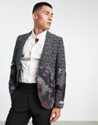 Twisted Tailor Suit Jacket In Navy Jacquard With Crane And Floral Border Detail