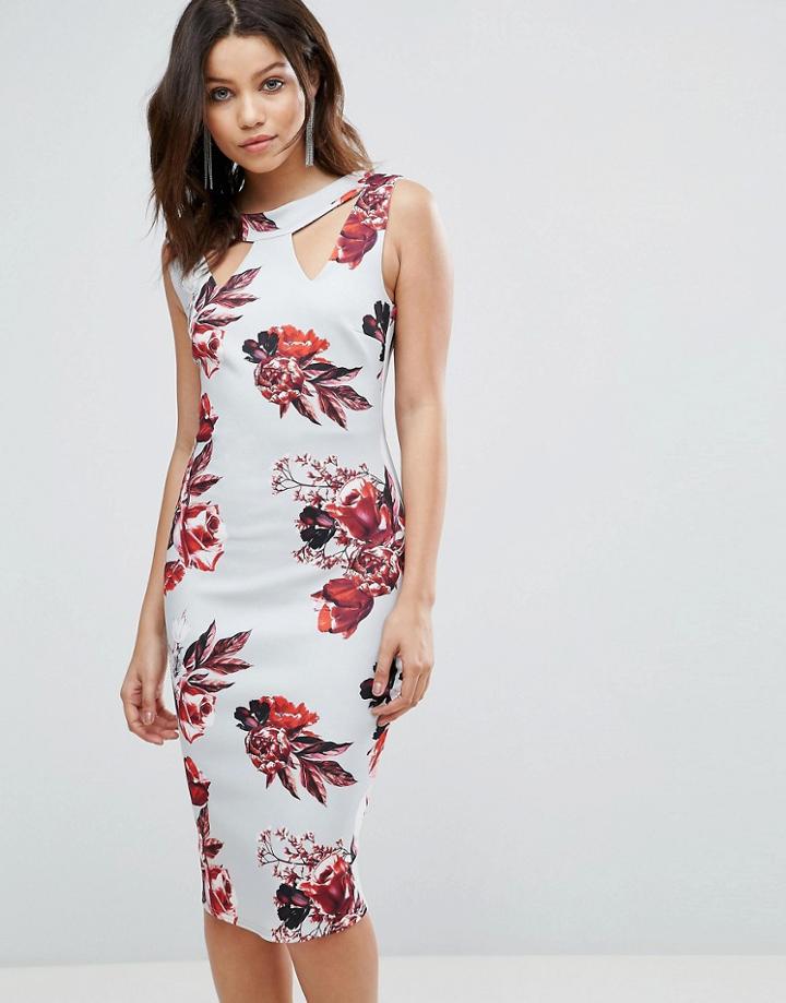 City Goddess Strappy Pencil Dress In Floral Placement Print - Blue