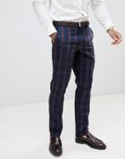 Harry Brown Navy And Burgundy Check Slim Fit Suit Pants - Navy