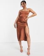 Parallel Lines Square Neck Satin Tie Back Midi Dress In Brown