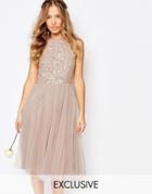 Maya High Neck Midi Tulle Dress With Tonal Delicate Sequins - Mink