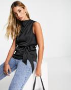 River Island Sleeveless Cowl Neck Belted Top In Black