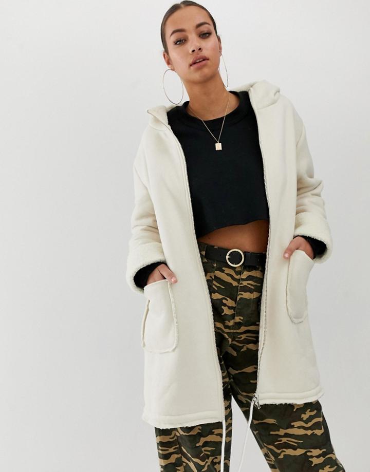 In The Style Faux Shearling And Suede Longline Hoodied Coat - Cream