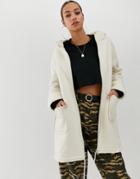 In The Style Faux Shearling And Suede Longline Hoodied Coat - Cream