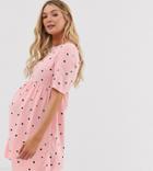 Asos Design Maternity Smock Mini Dress In Polka Dot - Multi