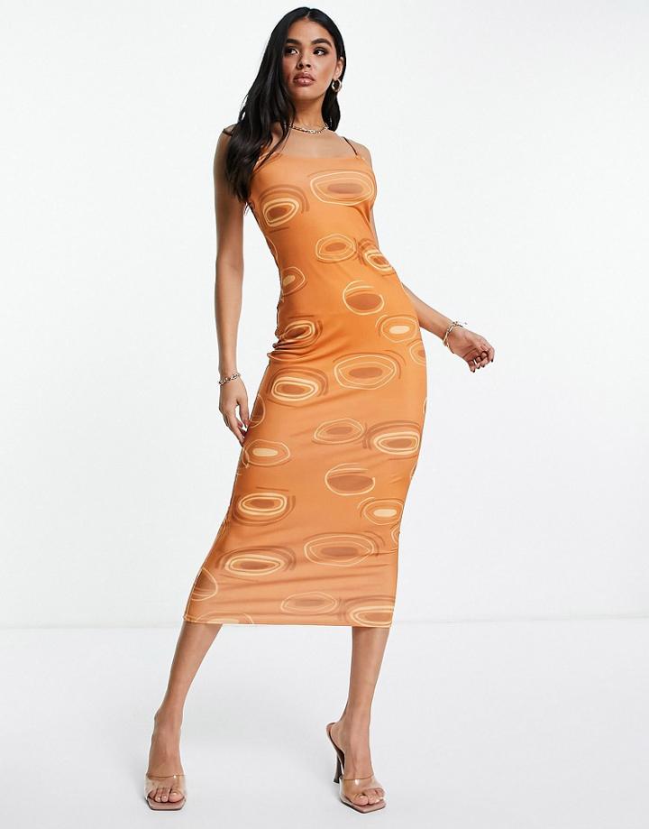 Public Desire 70's Inspired Body-conscious Dress In Brown Print-multi