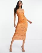 Public Desire 70's Inspired Body-conscious Dress In Brown Print-multi