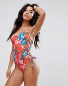 Missguided Lace-up Tropical Print Swimsuit - Multi