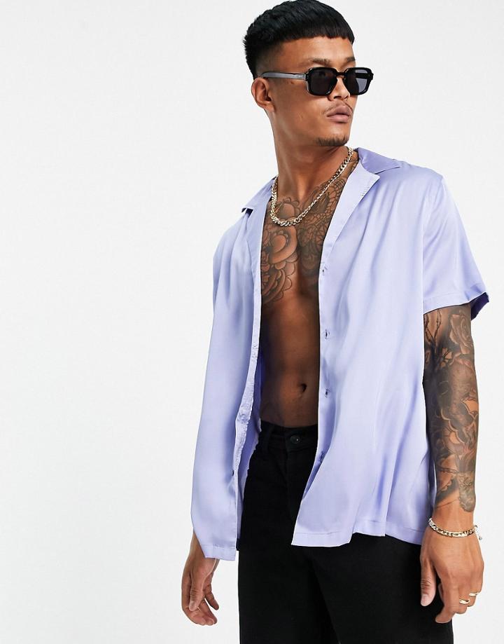 Asos Design Satin Shirt With Deep Revere Collar In Dark Lilac-purple