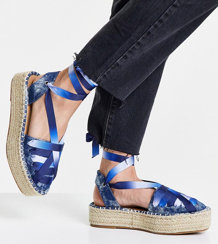 Asos Design Wide Fit Junior Flatform Espadrilles With Ankle Tie In Denim-blues