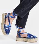 Asos Design Wide Fit Junior Flatform Espadrilles With Ankle Tie In Denim-blues