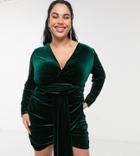 In The Style Plus Exclusive Velvet Tie Front Ruched Mini Dress In Emerald Green