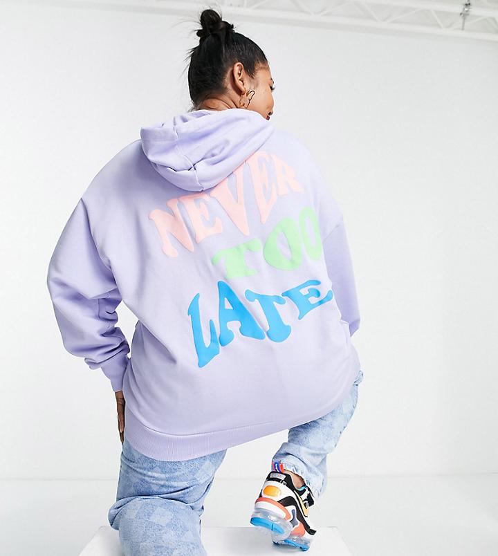 Asos Design Curve Oversized Hoodie With Never Too Late Embossed Graphic Print-purple