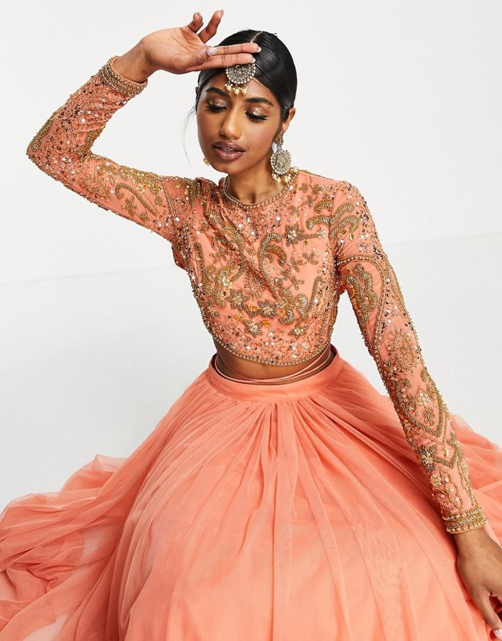 Asos Design Crystal Placement Lehenga Crop Top In Coral-orange