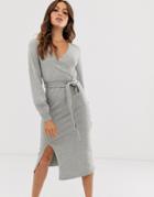 Fashion Union Knitted Wrap Midi Dress With Waist Belt-gray