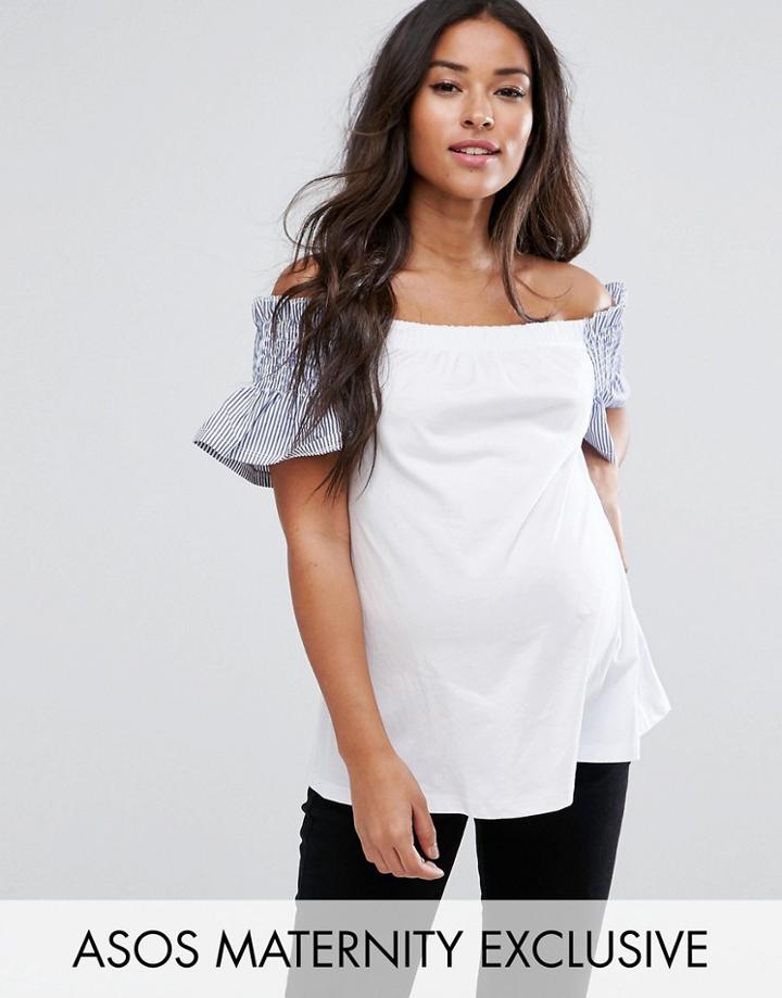 Asos Maternity T-shirt With Off Shoulder & Shirring Ruffle Sleeve - White