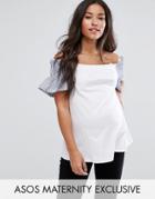 Asos Maternity T-shirt With Off Shoulder & Shirring Ruffle Sleeve - White