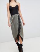 Asos Design Satin Wrap Midi Skirt With Lace Trim - Green