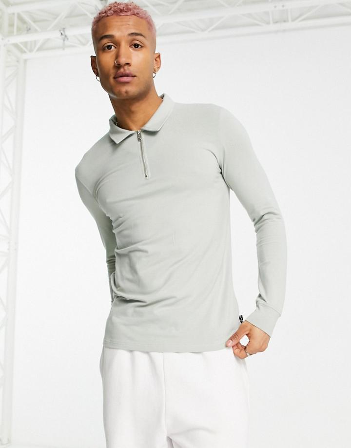 The Couture Club Long Sleeve Viscose Polo Shirt In Silver Khaki-green